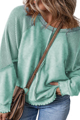 Mineral Blue Textured Patchwork Plus Size Pullover Sweatshirt