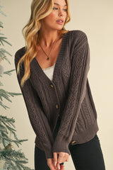 Dark Khaki Hollow Knit Drop Shoulder Cardigan