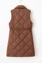 Coffee Puffer Quilted Stand Collar Pocketed Vest Coat