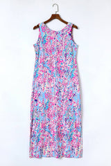 Purple Fluorescent Printed Round Neck Sleeveless Maxi Dress