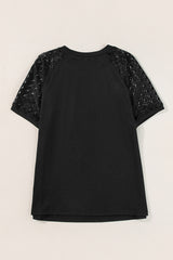 Blackish Green Seamed Detail Contrast Lace Raglan Sleeve Tee