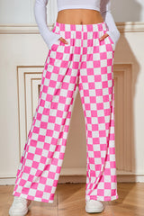 Black Checkered Print High Waist Wide Leg Pants