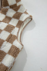 Khaki Checkered Sherpa Collared Jacket Vest