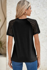 Blackish Green Seamed Detail Contrast Lace Raglan Sleeve Tee