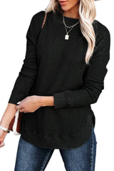 Black Crew Neck Ribbed Trim Knit Long Sleeve Top