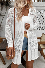 White Hollow Out Crochet Open Front Cardigan