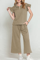 Khaki Textured Ruffle Cap Sleeve Top and Wide Leg Pants Set