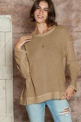 Khaki Plain Waffle Knit Drop Sleeve Side Slits Oversized Top