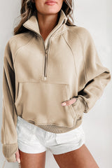 Parchment Zip Up Stand Collar Ribbed Thumbhole Sleeve Sweatshirt
