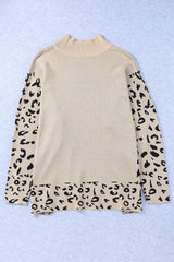Slit Leopard Mock Neck Dropped Shoulder Sweater