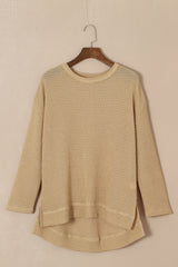 Khaki Plain Waffle Knit Drop Sleeve Side Slits Oversized Top