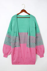 Multicolor Pompom Color Block Open Front Cardigan Sweater