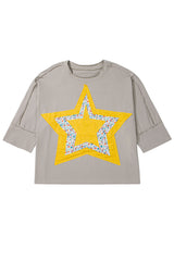 Medium Grey Floral Star Patched 3/4 Sleeve Plus Size Top