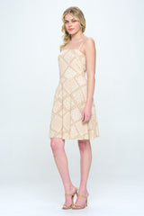 Paisley printed spagetti strap tie shoulder smocked back A-line dress