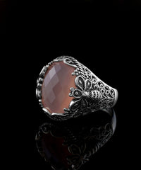 Filigree Art Bee Detailed Pink Chalcedony Gemstone Women Silver