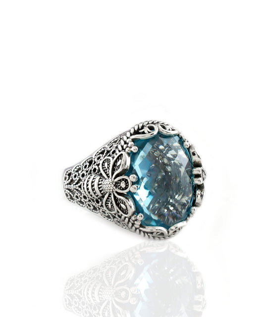 Filigree Art Bee Detailed Blue Topaz Gemstone Women Silver Statement