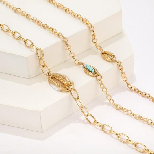 Turquoise Sea-Shell 3 Piece Bracelet Set in 14K Gold ITALY Design