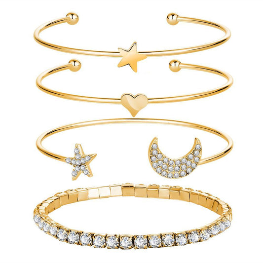 4 Piece Celestial Bangle Set With Crystals 18K Gold Plated Bracelet
