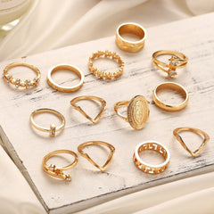13 Piece Medallion Ring Set With Austrian Crystals 18K Gold Plated
