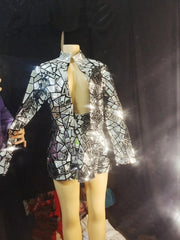 Purple Blue Laser Mirror Sequins Top Short Dress Women Singer Dancer