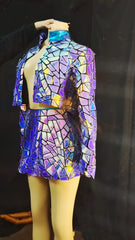 Purple Blue Laser Mirror Sequins Top Short Dress Women Singer Dancer