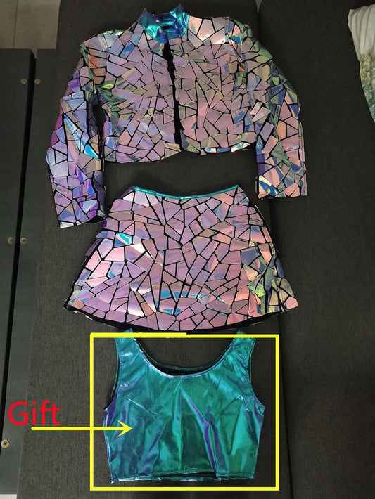 Purple Blue Laser Mirror Sequins Top Short Dress Women Singer Dancer