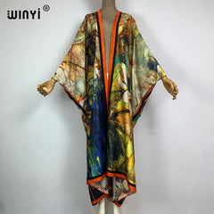 WINYI High-grade double-sided Bohemian Printed silk dress coat Beach