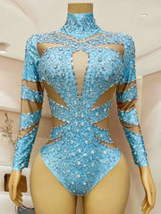 Sexy Elastic Light Blue Women Bodysuit Party Club long Sleeves