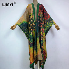 WINYI High-grade double-sided Bohemian Printed silk dress coat Beach
