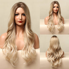 Black Long Wavy Synthetic Wigs Middle Part Natural Wave Wig Heat