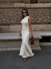 Slim Elegant Women Dress Fashion Solid Sleeveless Tassel Long A-line