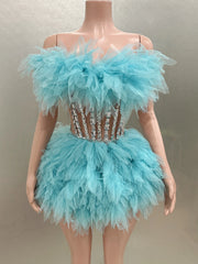 Hot Sale Women Sexy Mesh Ruffles Ball Gown Mini 2 Pieces Dress Lace-up