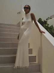 Slim Elegant Women Dress Fashion Solid Sleeveless Tassel Long A-line