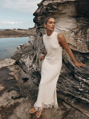 Slim Elegant Women Dress Fashion Solid Sleeveless Tassel Long A-line