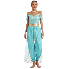 Womens Cosplay Arabian Princess Costume Spangles Jumpsuit Stage Dance
