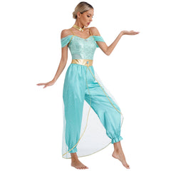 Womens Cosplay Arabian Princess Costume Spangles Jumpsuit Stage Dance