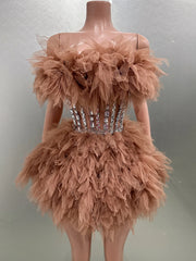 Hot Sale Women Sexy Mesh Ruffles Ball Gown Mini 2 Pieces Dress Lace-up