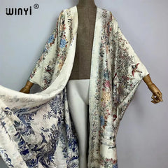 WINYI High-grade double-sided Bohemian Printed silk dress coat Beach