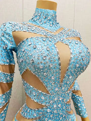 Sexy Elastic Light Blue Women Bodysuit Party Club long Sleeves