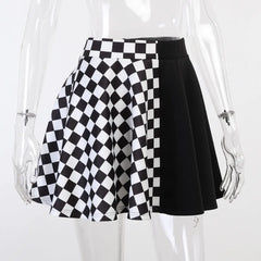 Goth Dark Plaid Pleated Skirt Black on White Contrast Patchwork Skirts