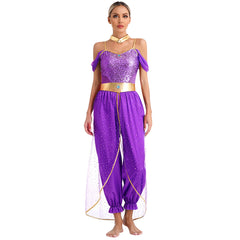 Womens Cosplay Arabian Princess Costume Spangles Jumpsuit Stage Dance