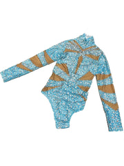 Sexy Elastic Light Blue Women Bodysuit Party Club long Sleeves