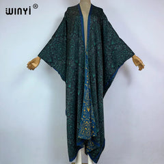 WINYI High-grade double-sided Bohemian Printed silk dress coat Beach