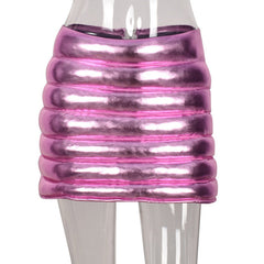 Pink Women's Puffer Skirt Metallic Shiny Warm Quilted Mini A-line