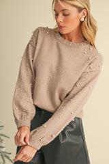 Smoke Gray Pearl Drop Shoulder Round Neck Sweater