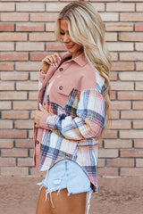 Cinnamon Plaid Corduroy Patchwork Pocket Loose Shacket
