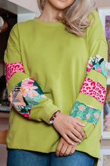 Rose Red Leopard Patchwork Sleeve Split Plus Sweatshirt