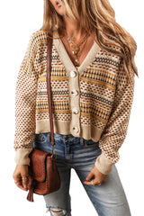 Khaki Geometric Pattern Button Front V Neck Cropped Cardigan