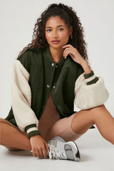 Mist Green Corduroy Fleece Patchwork Buttoned Bomber Coat