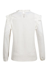 White Frilled Neck Ruffled Trim Bubble Sleeve Blouse